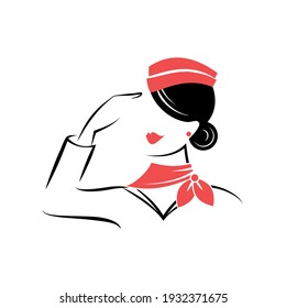 Stewardess in a garrison cap and a scarf salutes. Avatar. Portrait. View front. Isolated vector illustration