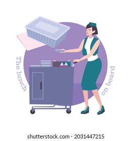 Stewardess giving lunch on board during flight flat vector illustration