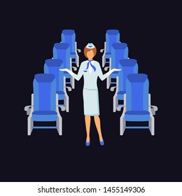stewardess grey dress woman blue armchair airplane fly illustration