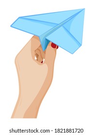 stewardess hand is neatly holding a paper airplane. Sends message by mail. Air transportation of passengers and cargo. International Civil Aviation Day. Cartoon vector on white