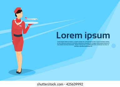 Stewardess Hold Tray With Aircraft Copy Space Flat Vector Illustration