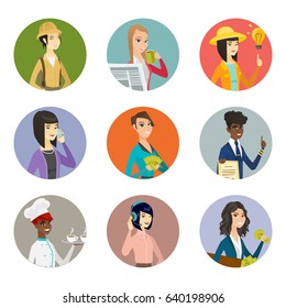 Stewardess holding clipboard and giving thumb up. Young stewardess with clipboard. Set of different professions. Set of vector flat design illustrations in the circle isolated on white background.