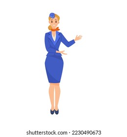 Stewardess holding hands to right direction cartoon illustration  Cartoon drawing female flight attendant giving instructions white background  Occupation  safety concept