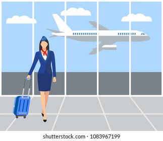 Stewardess Holding Suitcase. flying attendants ,air hostess , Vector illustration.Profession: stewardess.