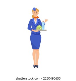 Stewardess holding tray and food cartoon illustration  Cartoon drawing female flight attendant standing and fish meal   water bottle white background  Occupation  service concept