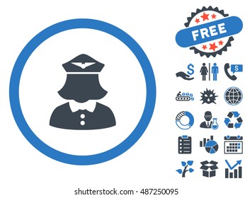 Stewardess icon with free bonus clip art. Vector illustration style is flat iconic bicolor symbols, smooth blue colors, white background.