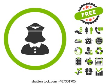 Stewardess icon with free bonus elements. Vector illustration style is flat iconic bicolor symbols, eco green and gray colors, white background.