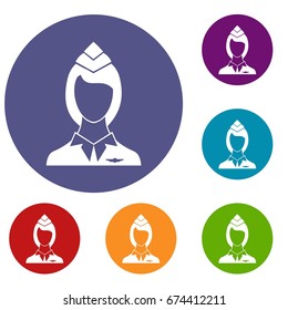 Stewardess icons set in flat circle reb, blue and green color for web