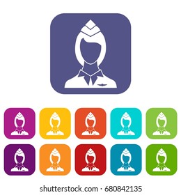 Stewardess icons set vector illustration in flat style in colors red, blue, green, and other