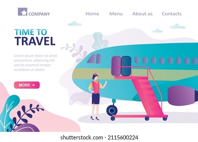 Stewardess Invites Passengers To Board Airplane. Time To Journey. Flight Attendant Standing Near Aircraft. Airlines Employee. Departure Of Plane For Travel. Landing Page Template. Vector Illustration