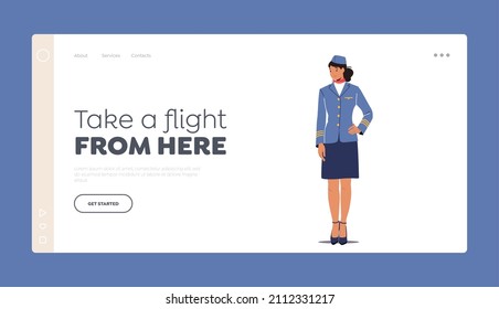 Stewardess Landing Page Template. Flight Attendant, Air Hostess Girl Wearing Blue Uniform And Cap Stand With Arm Akimbo, Airplane Airline Staff Female Character. Cartoon Vector Illustration