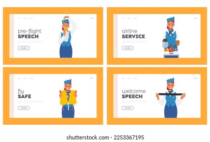 Stewardess Landing Page Template Set. Flugbegleiter in Uniform erläutern Informationen für Fluggäste im Flugzeug. Air Hostess auf Sauerstoffmaske, geben Mahlzeiten und Gürtel. Cartoon-Vektorgrafik