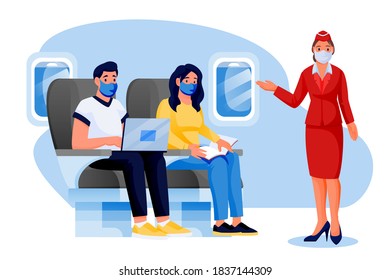 Stewardess, man, woman in medical protection masks travel by airplane. Vector cartoon characters illustration. Air travel new rules, healthy and safe flight concepts. Plane interior with passengers