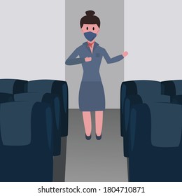 stewardess with mask gives explanations to passengers in plane