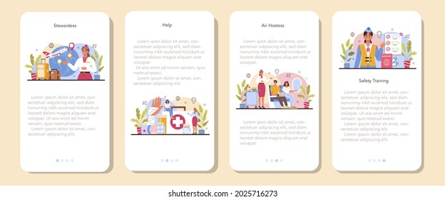 Stewardess mobile application banner set. Flight attendants help passenger in airplane. Travel by aircraft. Idea of professional occupation and tourism. Isolated flat vector illustration