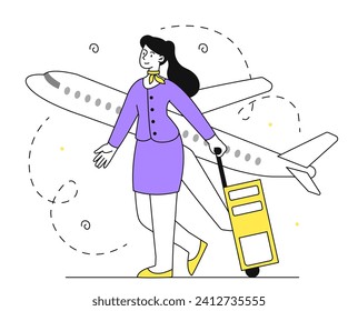 Stewardess near airplane linear. Woman in uniform with luggage near plane. International travel and flight. Holiday and vacation. Doodle flat vector illustration isolated on white background
