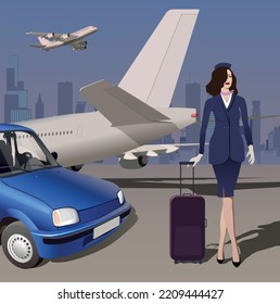 Stewardess near the car on the background of the aircraft at the airport. Vector.