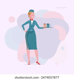 Stewardess offering tea and coffee to passengers. Female cartoon character in uniform flat vector illustration. Airliner, flight, trip concept for banner, website design or landing page