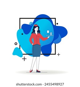 Stewardess offering water. Woman in uniform carrying glasses on tray flat vector illustration. Airlines, occupation, flight concept for banner, website design or landing web page