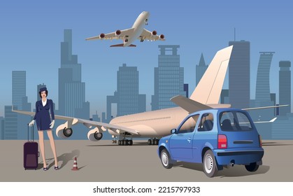 Guardias en el fondo del avión y la metrópolis. Vector.
