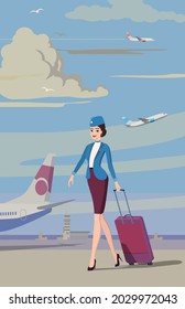 
Stewardess on the platform, goes to the workplace, prepare for boarding passengers. Vector.