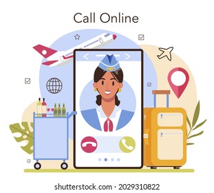Stewardess online service or platform. Flight attendants help passenger in airplane. Idea of traveling by aircraft and tourism. Online call. Flat vector illustration