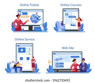 Stewardess online service or platform set. Flight attendants help passenger