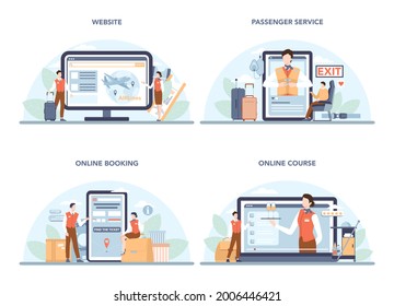 Stewardess online service or platform set. Flight attendants help passenger. Travel by aircraft. Online booking, course, passenger service, website. Flat vector illustration