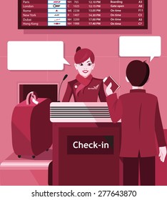 Stewardess with the passenger at the check in - flat design - vector illustration
