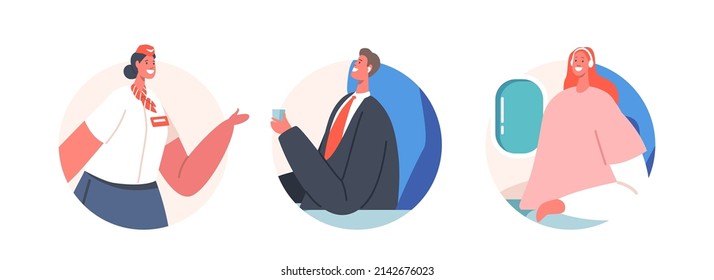 Stewardess and Passengers Isolated Round Icons or Avatars. People Sitting on Aircraft Chairs. Airplane Crew and Characters in Plane. Airline Transportation Service. Cartoon Vector Illustration