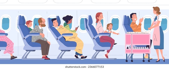 Stewardess passengers. Tourist passenger and child relax sitting on seat airplane cabin, female flight attendant service with drinks food cart in aisle, classy vector illustration of travel tourist