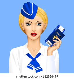 Stewardess with passport and air ticket in hand on blue background. Vector illustration.