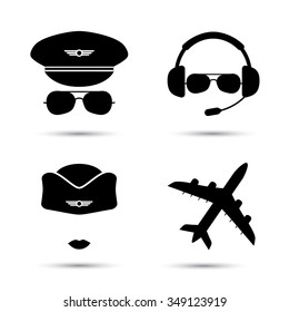 Stewardess, Pilot, Airplane Silhouette. Black Icons Of Aviator Cap,  Hat And Jet. Aviation Profession. Flight Attendant. Vector Illustration. Isolated On White