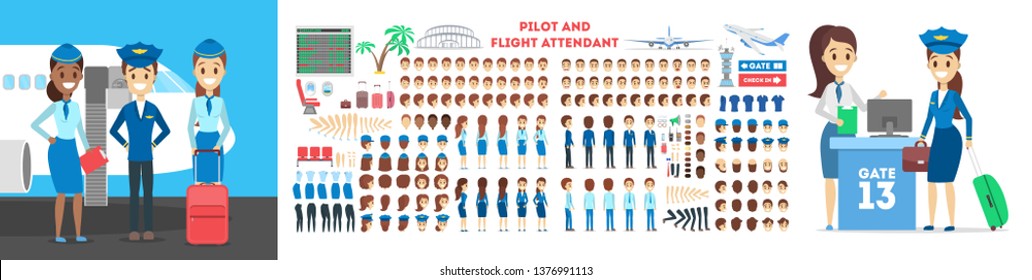 Stewardess and pilot character set for the animation with various views, hairstyle, emotion, pose and gesture. Airport element. Flat vector illustration