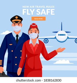 Stewardess and pilot in medical protection masks. Airport airline crew on blue sky background with flying airplane. Air travel new rules, healthy and safe flight concept. Vector flat illustration