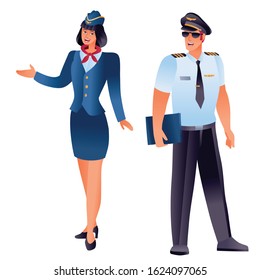 stewardess and pilot stand nearby, couple, isolated object on a white background,