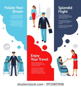 Stewardess and pilot vertical banners set with flight comfort symbols flat isolated vector illustration 