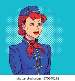 Stewardess In Pop Art Style. Welcome Aboard. Vector Illustration In Comic Style. EPS 10.