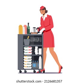 Stewardess Push Trolley with Drinks and Food. Flight Attendant, Airline Staff, Air Hostess in Red Uniform Provide Airplane Service Isolated on White Background. Cartoon People Vector Illustration