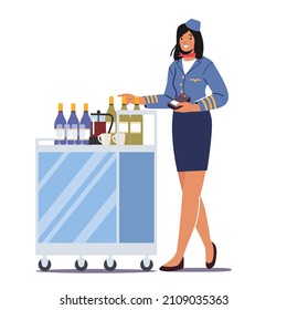 Stewardess Push Trolley with Drinks Holding Pos Terminal. Flight Attendant, Airline Staff, Air Hostess in Uniform Provide Airplane Service Isolated on White Background. Cartoon Vector Illustration