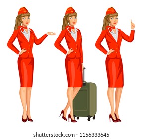 Stewardess in red uniform. Flying attendants, air hostess. Profession stewardess, cartoon character. Vector illustration