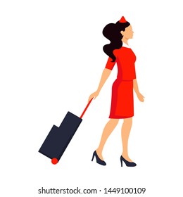 Stewardess in red uniform. Flying attendants, air hostess. Profession stewardess, cartoon character. Vector illustration