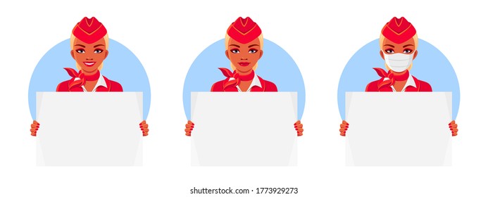 Stewardess in red uniform holding poster template. Air hostess with smile and medical mask. Set of vector isolated illustrations about professional behavior in various life situations