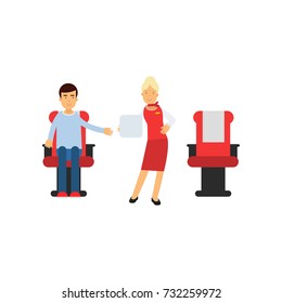Stewardess in red uniform serving passengers on the airplane, airline working process vector Illustration
