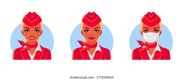Stewardess in red uniform with smile and medical mask. Air hostess avatar set. Vector isolated illustrations