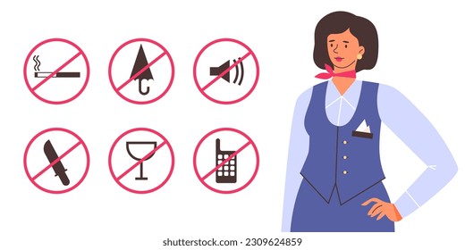 Stewardess and round icons with rules flat style, vector illustration isolated on white background. Instructions, crossed signs in circles, decorative design element