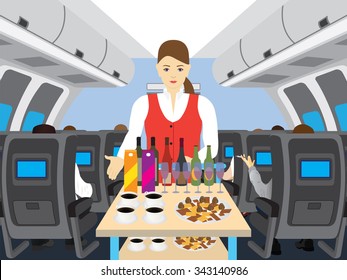 Stewardess In Salon Of The Plane. Stewardess With The Cart And Drinks. Interior Of Salon Of The Plane. Passengers On The Plane. 