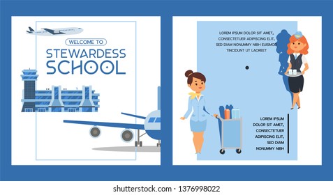 Stewardess school vector flight crew steward pilot people studying to fly on airplane airliner in airport illustration woman character stewardess backdrop banner design background.