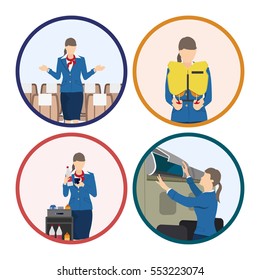 Stewardess serves passengers on the airplane. Attendant woman in uniform. Vector illustration