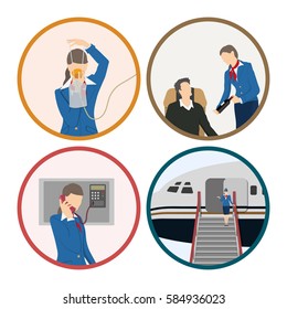 Stewardess serves passengers on the airplane. Attendant woman in uniform. Aircraft crew. Vector illustration